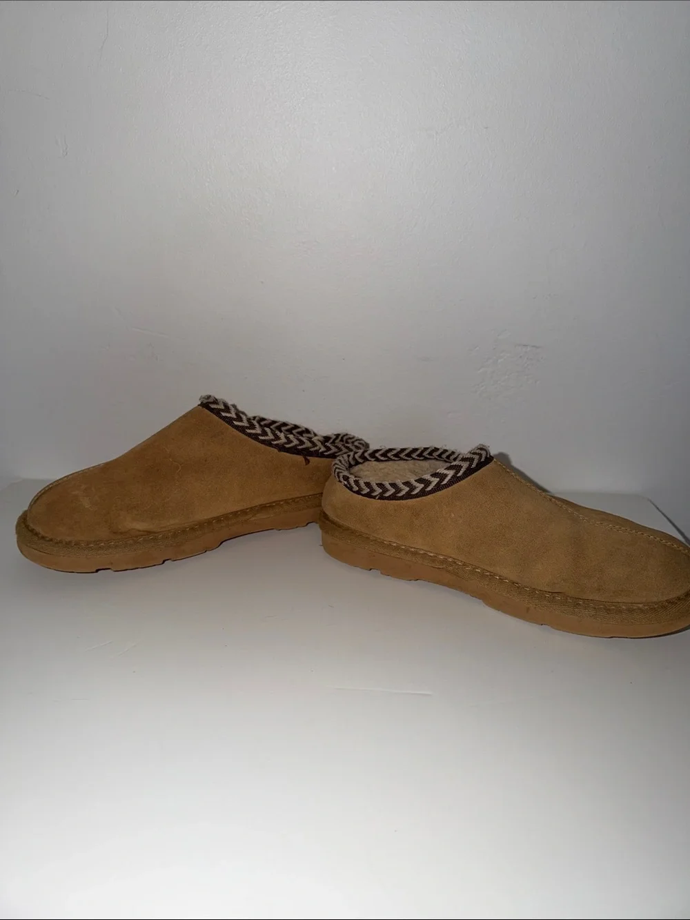 BearPaw Chestnut Suede Shearling-Lined Slip-Ons with Braided Trim